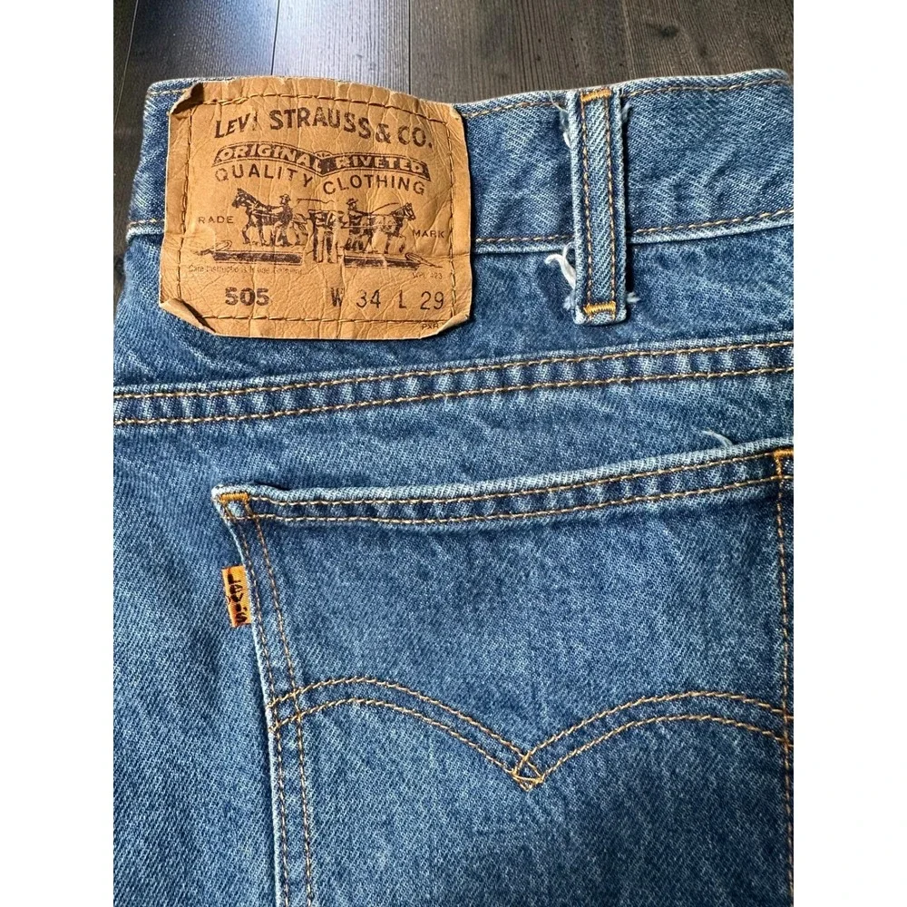 Vintage Levis 505 Orange Tab Jeans Medium Wash Blue Denim W33 L21 Modified Hem